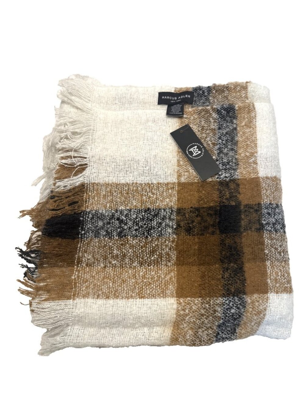 Marcus Adler Scarf Plaid Ivory/Brown/Black/Tan So Cozy Soft 22" x 72" NWT